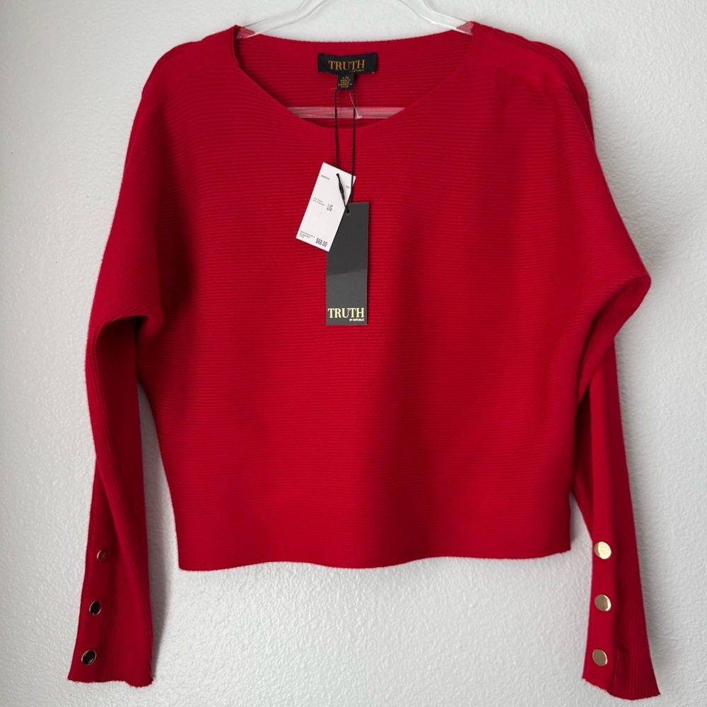 Truth By‎ Republic Red Knit Ribbed Long Sleeves Large Gold Buttons Holliday NEW